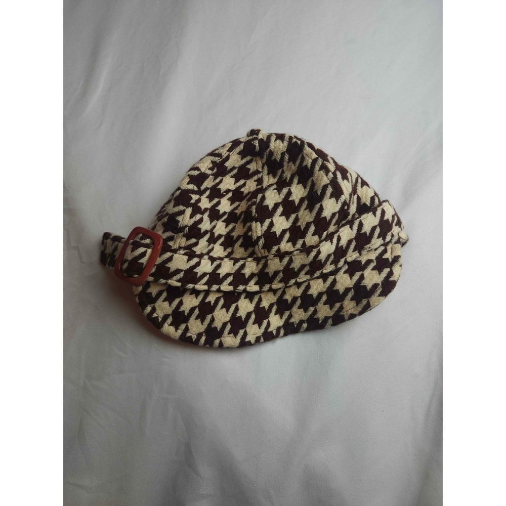 Badgley Mischka Brown Cream Houndstooth Wool Blend Newsboy Cap Hat Buckle Detail